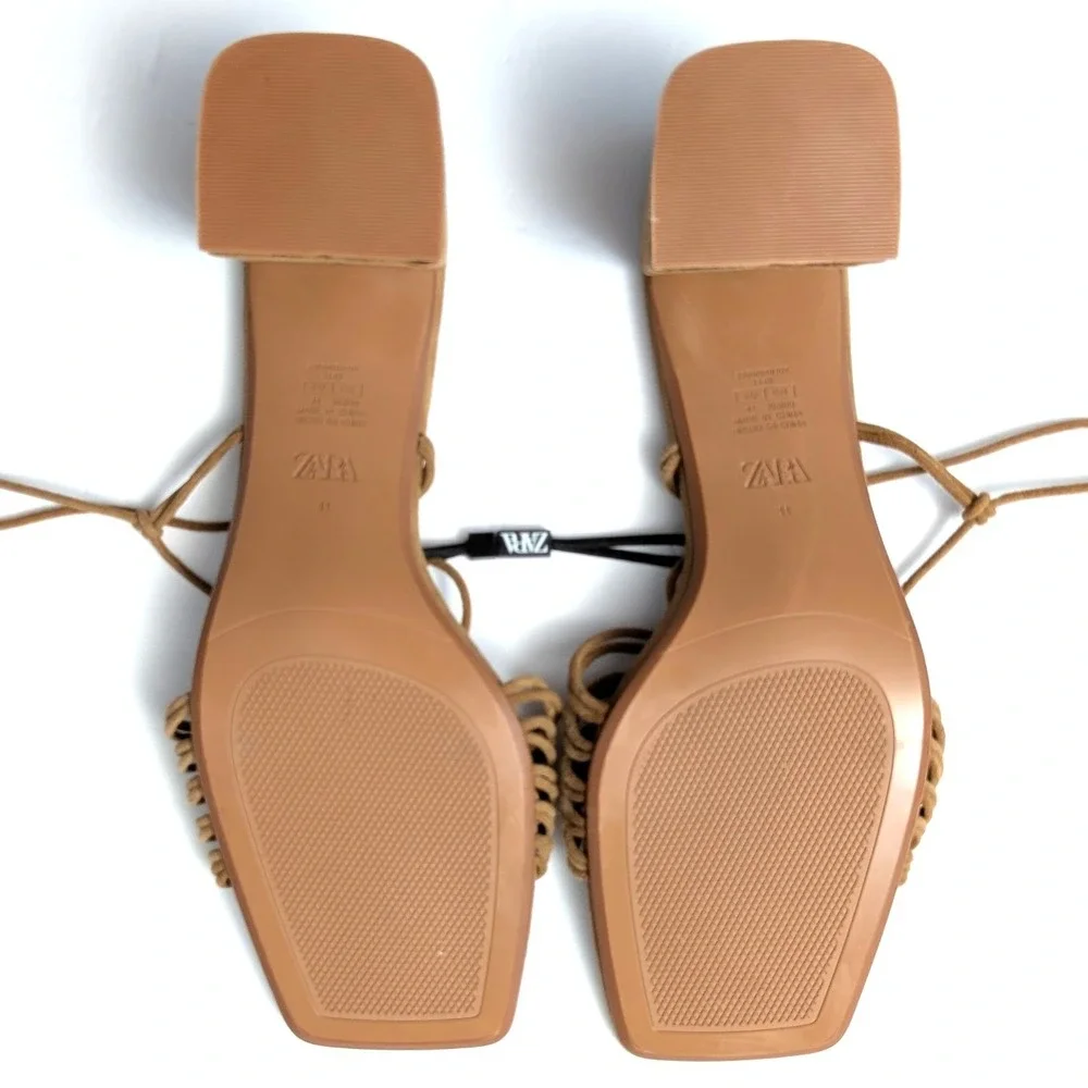 ZARA Lace Up Block Heel Sandals Brown Faux Suede Square Toe Strappy Sz 41 / 10.5 - Picture 5 of 14
